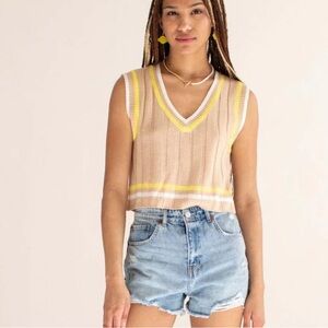 BDG Rori Boxy V-Neck cropped sweater vest Tan with yellow and white stripes